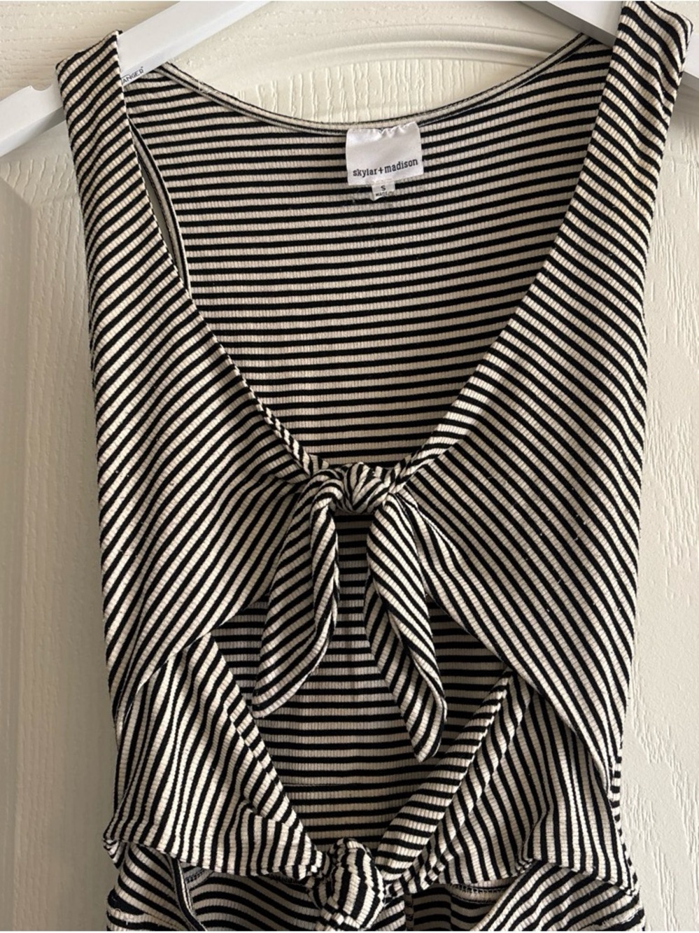 Skylar + Madison Black and White Striped Knot-Front jumpsuit